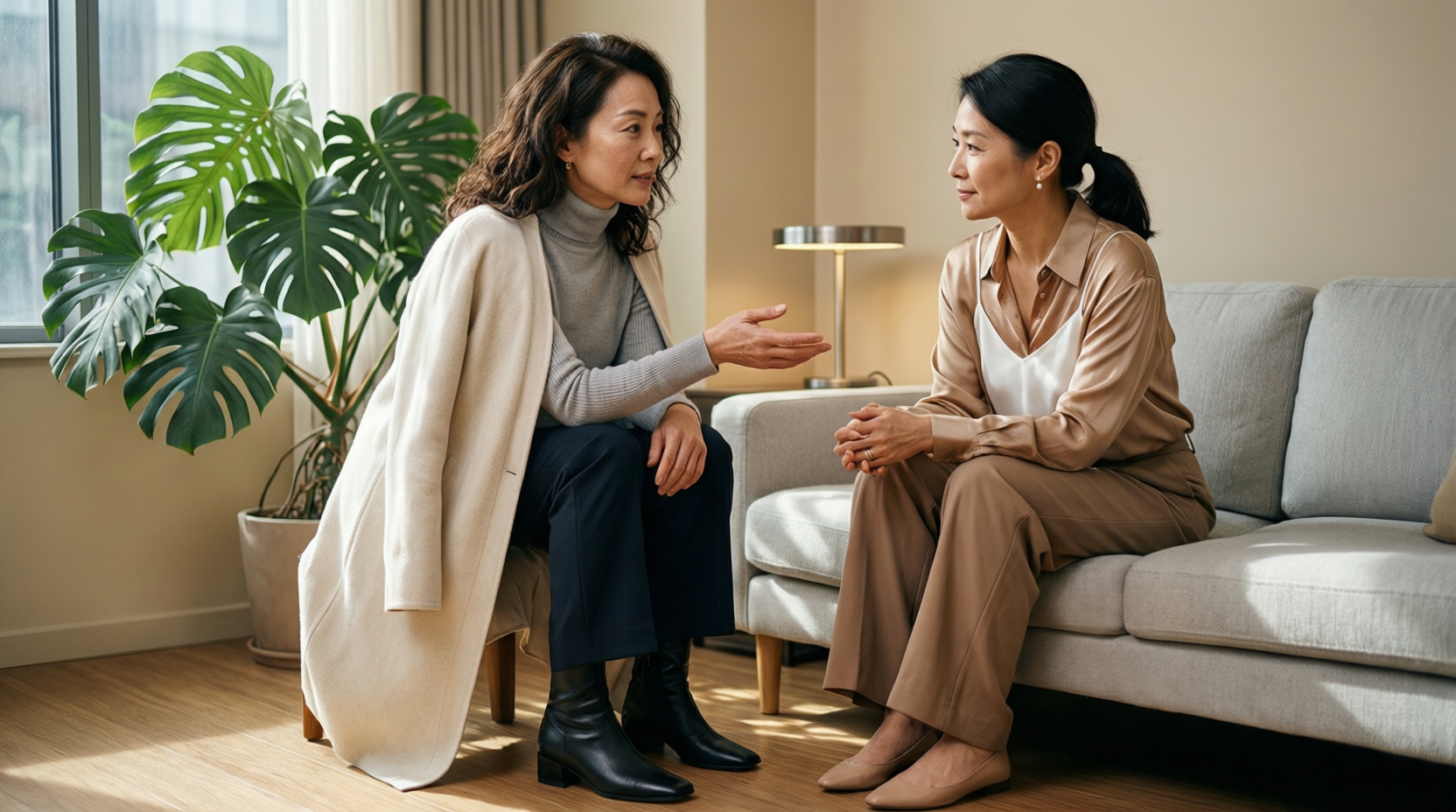 两位女性在温馨的咨询室内进行私密对话，环境舒适安全