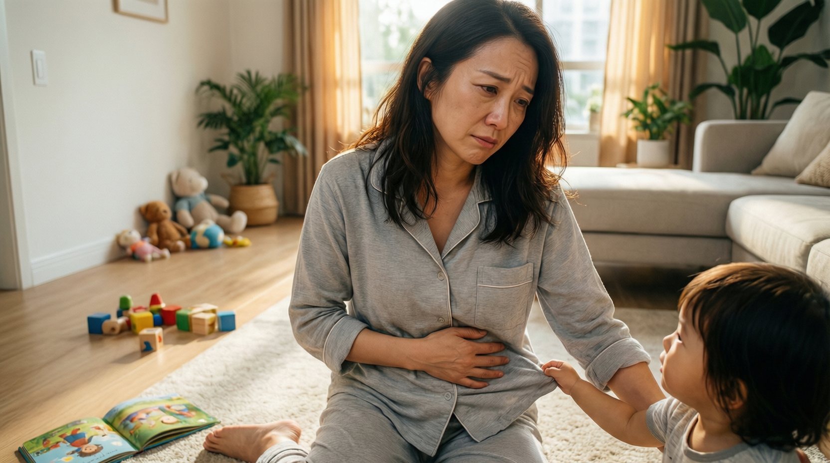 产后母亲与孩子温馨互动，同时展示女性多角色平衡