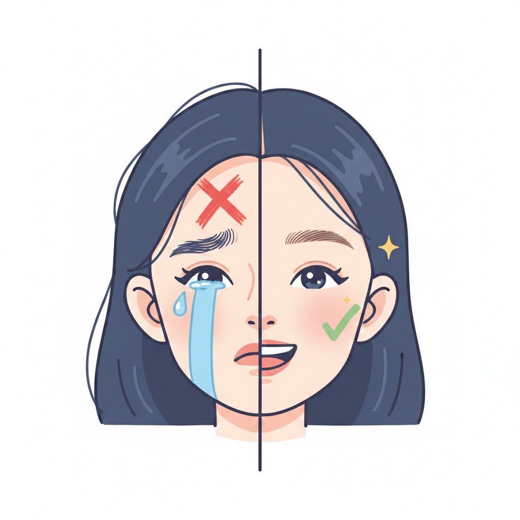 底色对比示意图:左边展示深红/蓝底眉毛,右边展示浅底适合做野生眉的效果